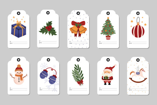 Set of festive gift tags with Christmas elements. Cute Tags with Santa, Christmas tree, snowman, bells and other classic Christmas symbols.  Vector modern illustration on white isolated background.