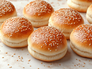 Golden sesame seed burger buns arranged neatly on a white surface, fresh and fluffy texture, bakery product, perfect for sandwiches and burgers