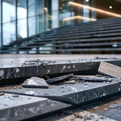 Modern Interior with Broken Tiles and Disarrayed Floor