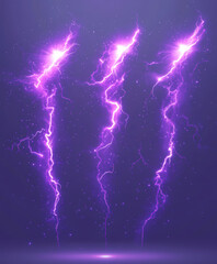 Electric purple lightning bolts striking in darkness, bright glowing electricity effect, night storm scene, high energy illustration