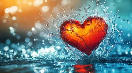Vibrant Heart Illustration Emerging from Water Splashes, Symbolizing Life and Passion in Surreal Setting