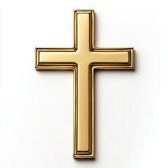 Shiny gold cross on white background, religious symbol, close-up, simple elegance, spirituality, golden Christianity, faith, sacred, clean minimalist design, devotion