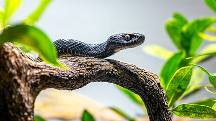 Obraz premium Close-Up of Black Snake with Scales Resting on a Branch Among Green Leaves in Natural Habitat