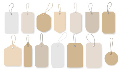 Cardboard paper label, sale tags, shopping gift, stickers collection. Blank hanging labels templates set. Price tag or gift tags in different shapes craft and different colors set. Vector illustration