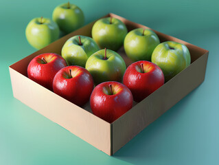 Wooden box filled with apples, some of which are red and some are green. The red apples are on the left side of the box, while the green apples are on the right side