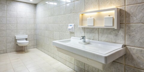 White Plastic Diaper Changing Table Against Marble Tile Wall in Public Restroom Baby Changing Station, Featuring Tilt-Shift Photography for Enhanced Perspective and Detail