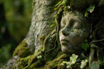 Fototapeta premium Wildlife art with face covered by moss and foliage.