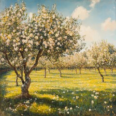 Spring orchard with fruit trees in full blossom