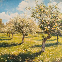 Spring orchard with fruit trees in full blossom