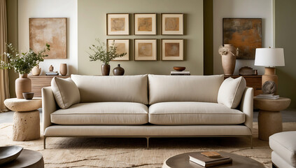 Fototapeta premium Modern composition of japandi interior with design beige sofa, natural colors paintings, stone tables, stylish furniture, decoration and personal accessories. Home decor. Template.