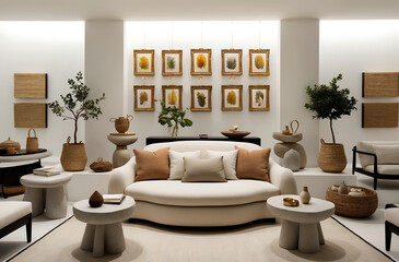 Fototapeta premium Modern composition of japandi interior with design beige sofa, natural colors paintings, stone tables, stylish furniture, decoration and personal accessories. Home decor. Template.