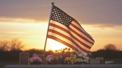 Sunset Tribute at Memorial Site - Honoring Veterans with American Flag Flowers and Military Memorabilia on Veterans Day Celebration