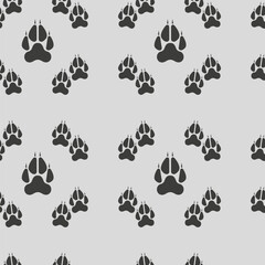 Wolf dog paw pawprint seamless pattern in flat design on gray background. Decorative endless backdrop animal tracery for fabric, textile, backdrop, wrapping paper. Vector illustration