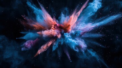 The vivid explosion of powder against the dark background creates a dynamic abstract art concept and stunning visual effect.