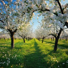 Spring orchard with fruit trees in full blossom