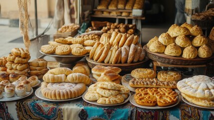 Fototapeta premium Traditional Uzbek bread stand with freshly baked non in various shapes and sizes