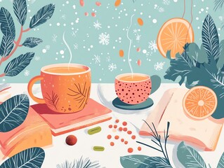 Cozy selfcare with herbal tea, vitamins, meditation, winter wellness focus, flat design illustration