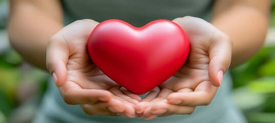 Obraz premium Woman Holding a Red Heart in Open Palms Symbol of Love, Compassion, and Valentines Day