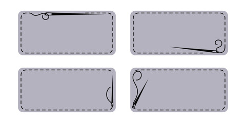 Set of four gray labels with black thread and sewing needle. Isolated vector illustration of handmade work and creative occupation