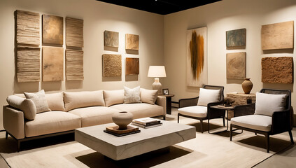 Fototapeta premium Modern composition of japandi interior with design beige sofa, natural colors paintings, stone tables, stylish furniture, decoration and personal accessories. Home decor. Template.