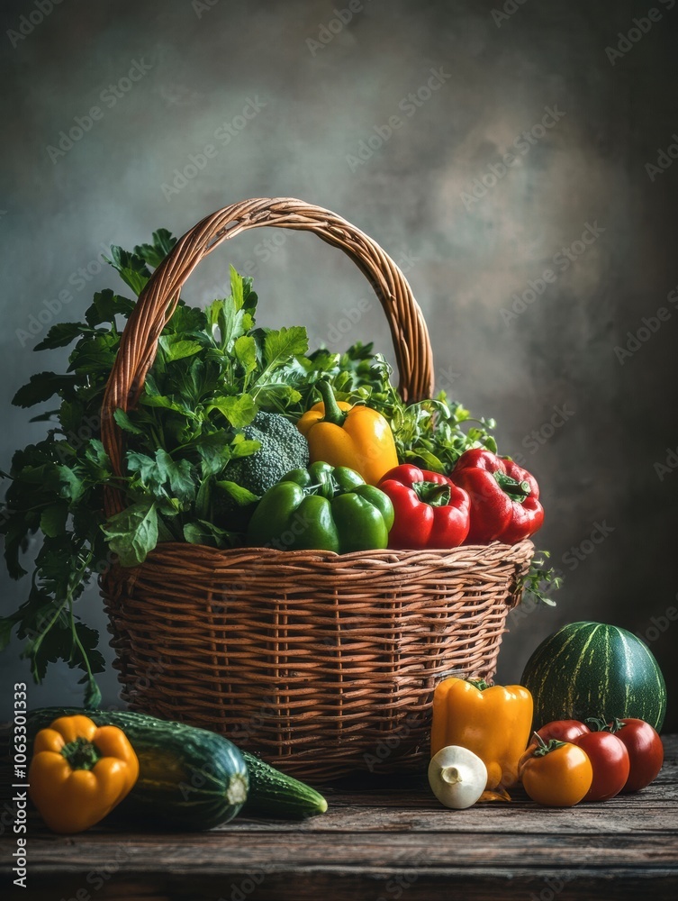 Aufkleber a beautifully arranged wicker basket filled with vibrant vegetables and fruits is displayed on a rus