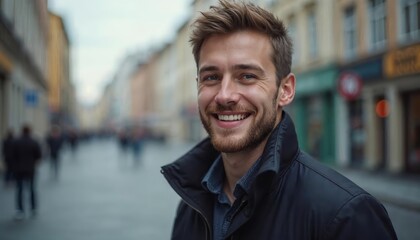 Fototapeta premium Smiling Man Enjoys a Vibrant City Street Scene in a Cozy Jacket