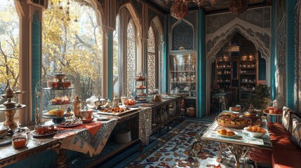 Naklejka premium Uzbek chaikhana, traditional teahouse with local decor, serving tea and sweets to guests