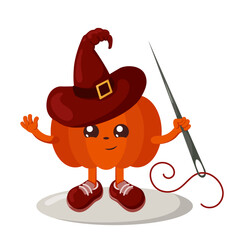 Funny cute kawaii Halloween pumpkin with witch hat holding a sewing needle. Isolated vector illustration in flat design with shadows