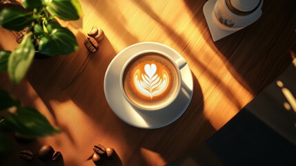 Top view of a white latte cup and a coffee bean in a coffeeshop. Mixed digital illustrations and matte paintings combined