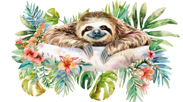 A sloth laying amidst a vibrant jungle scene, complete with flamingos and parrots.