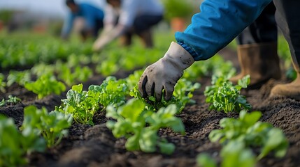 Naklejka premium Farmland with farmers planting vegetables a group in the field