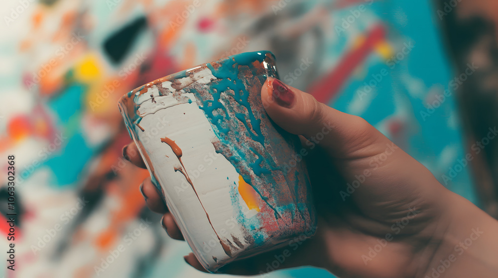 Poster A colorful paint container is held in a hand, surrounded by a vibrant, artistic background splashed with various paint colors.