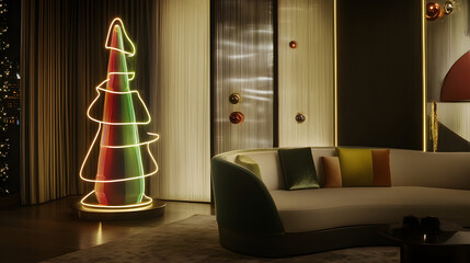 A modern living room featuring a colorful Christmas tree illuminated with lights, adjacent to a stylish curved sofa.