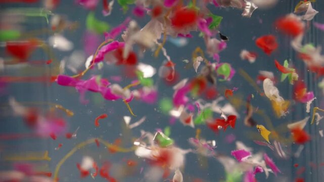 Floating microplastics in contaminated water, viewed in slow motion, highlighting pollution in a lab setting for environmental studies.