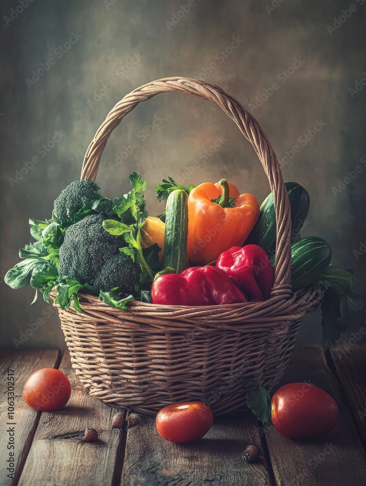 Poster a wicker basket overflows with vibrant vegetables and fruits, creating a colorful centerpiece on a r