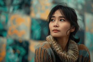 Obraz premium Woman with brown hair and a brown sweater is looking at the camera. She has a serious expression on her face