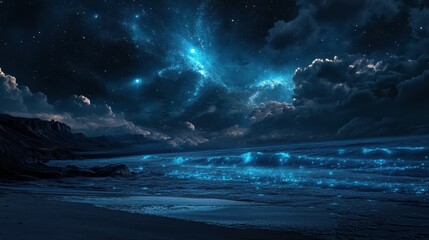 Fototapeta premium Mesmerizing Night Beach with Starry Sky and Bioluminescent Waves Capturing Tranquil Serenity and Natural Beauty