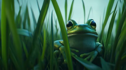 green frog wallpaper in a tall grass field at dusk