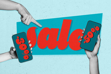 Composite trend artwork collage of black friday sale percent coupon commerce market seller hands...