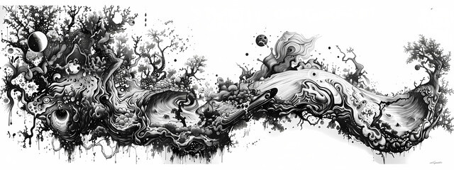 A captivating black and white abstract artwork filled with intricate designs, flowing forms, and organic shapes that evoke a sense of movement and depth.