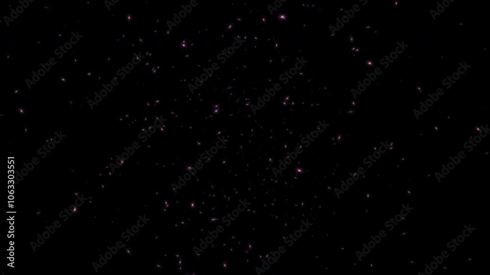 Wall mural abstract animation loop glow pink stars particles flow on black background. 4k 3d seamless looping p