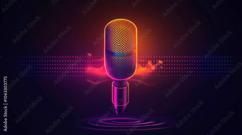 Poster A stylized microphone with sound waves, representing audio recording or broadcasting.