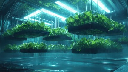 Fototapeta premium Floating Lettuce Beds in a Zero Gravity Environment