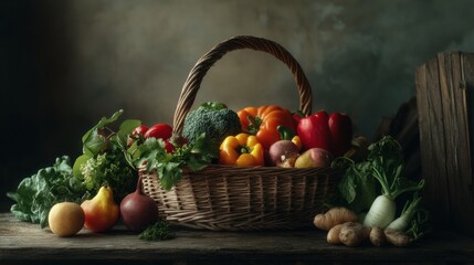 A wicker basket brimming with vibrant fresh vegetables and fruits sits elegantly on a rustic wooden table, creating a warm kitchen ambiance. Generative AI