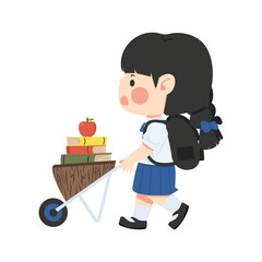  girl with backpack pushing a cart with books