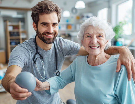 Ejercicio fisico y salud. Medico o fisioterapeuta realizando ejercicios con mujer anciana en la consulta de la clinica.Fisioterapia y rehabilitaci&oacute;n para personas mayores.