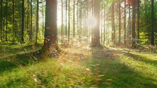 Sunlight streaming through tall pine trees in a lush green forest in the morning