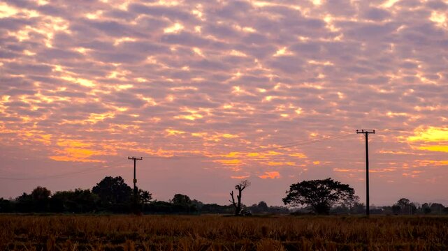Time-lapse of sunset over the countryside with Altocumulus clouds.