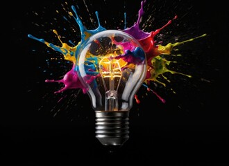 Creative Light Bulb with Colorful Paint Splash Explosion
