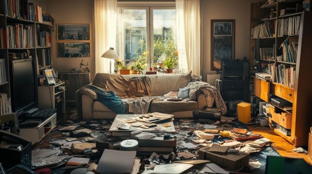 View on messy living room interior after robbery